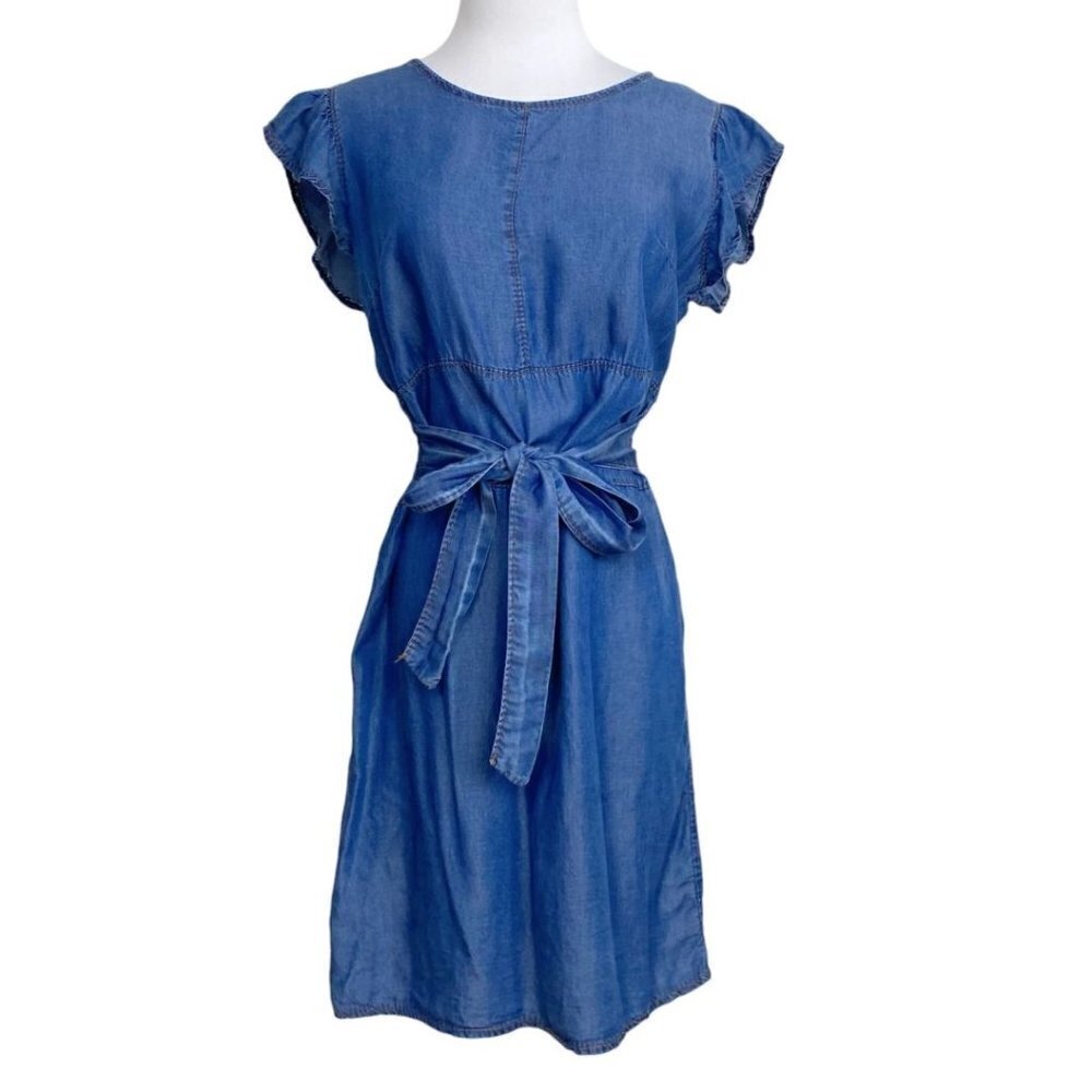 NEW COLLECTION MADE IN ITALY BLUE DENIM RUFFLE CAP SLEEVE WAIST TIE MINI DRESS
